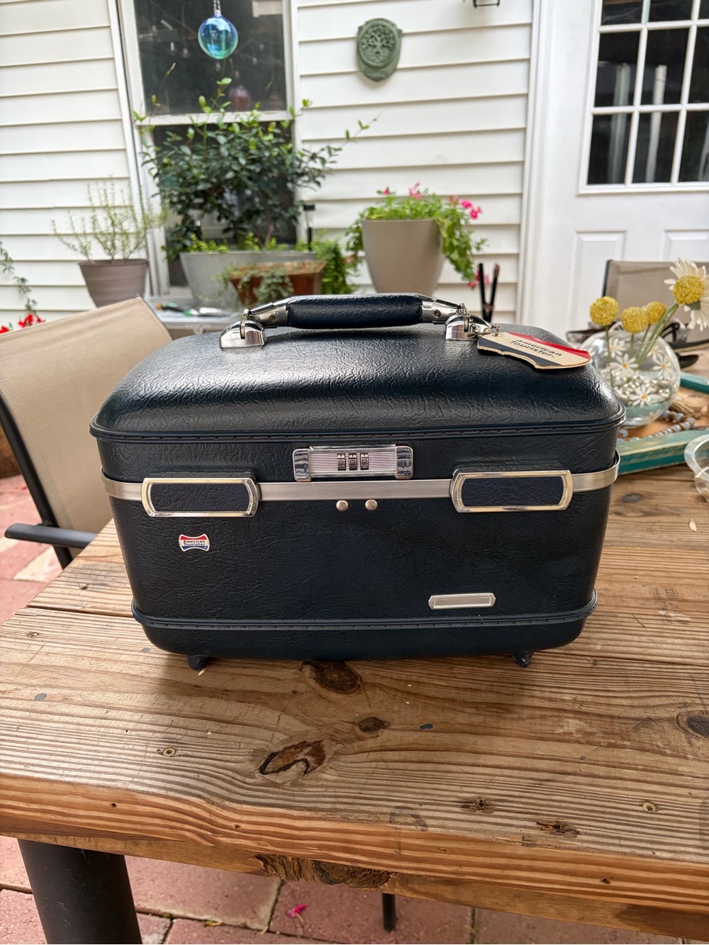 VTG 1960s American Tourister Train Vanity Cosmetic Case Navy Mirror Organizer